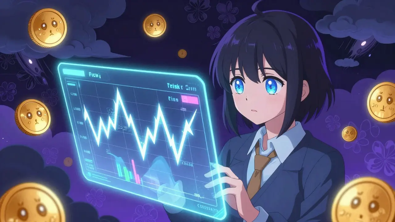 Anime trader looking at volatile crypto charts in shoujo style