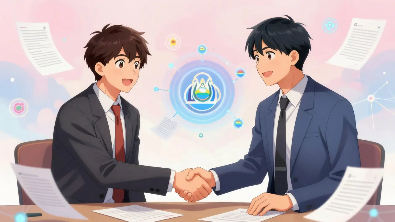 Bolivian and Salvadoran officials shaking hands over digital contracts