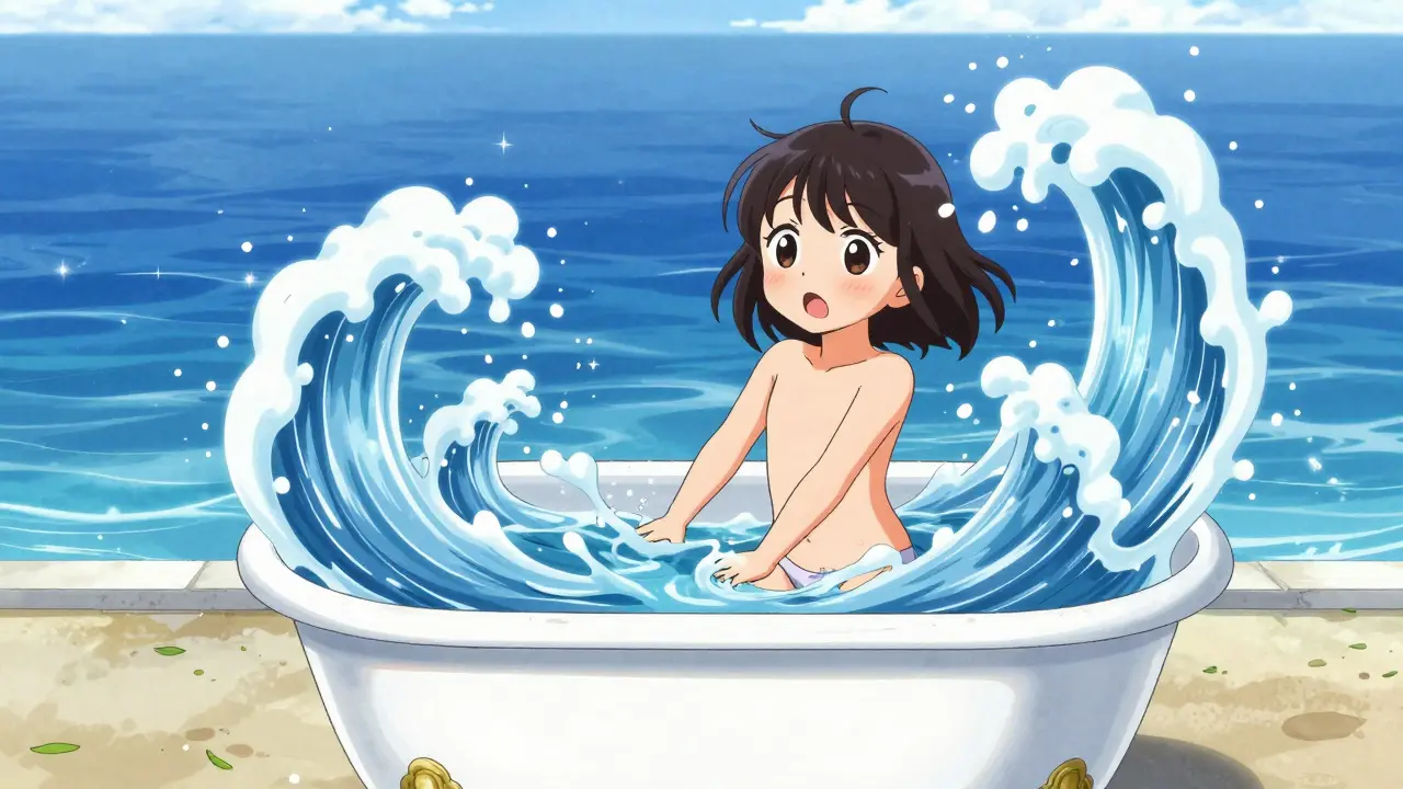 Character splashing in a bathtub vs calm ocean representing market liquidity