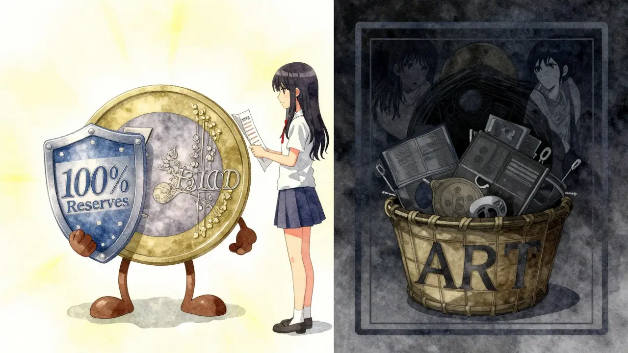 Comparison of EMT and ART stablecoins in shoujo style