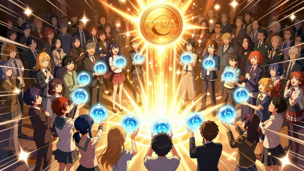 Crowd of anime characters merging energy orbs to support a central token pillar.