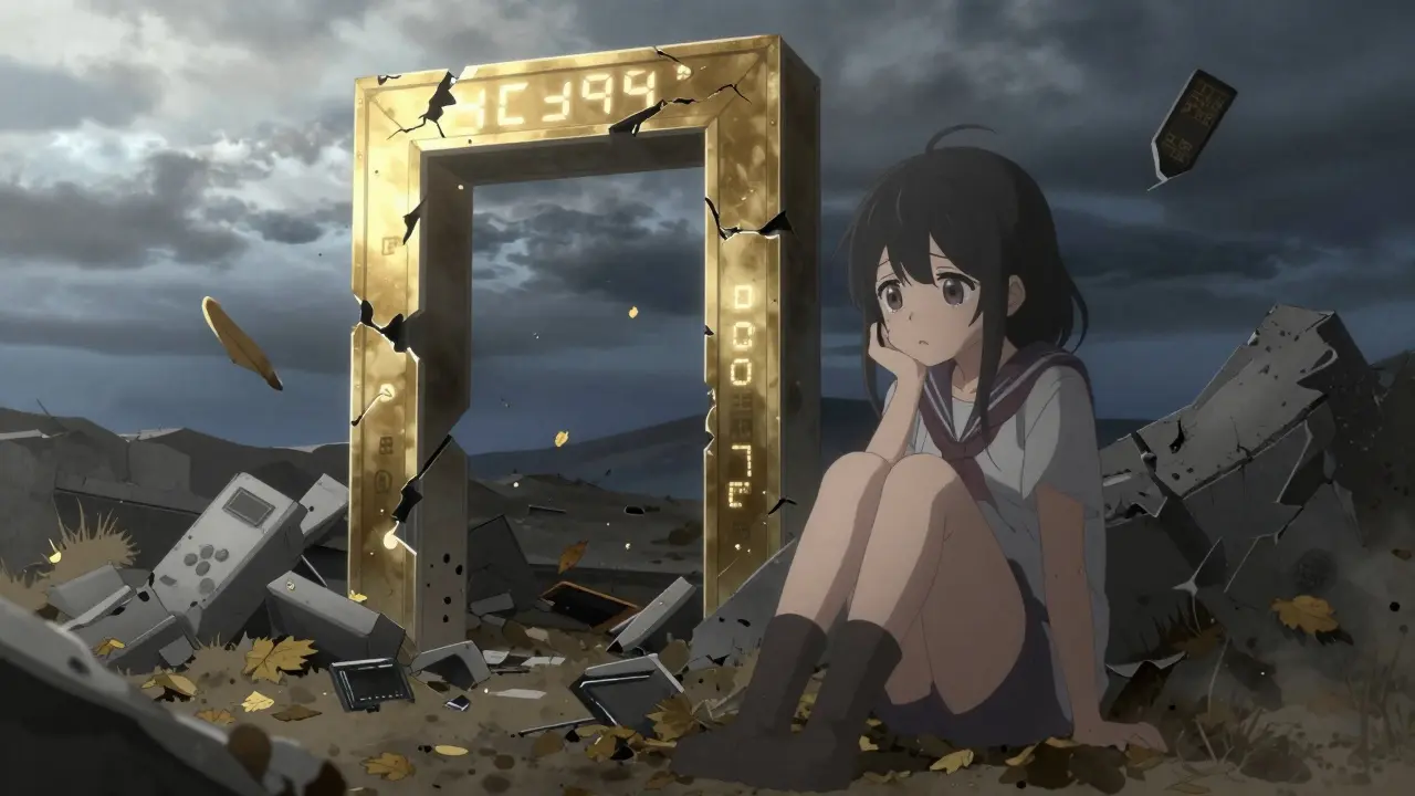 Despondent anime girl sitting among ruins of a collapsed digital ecosystem.