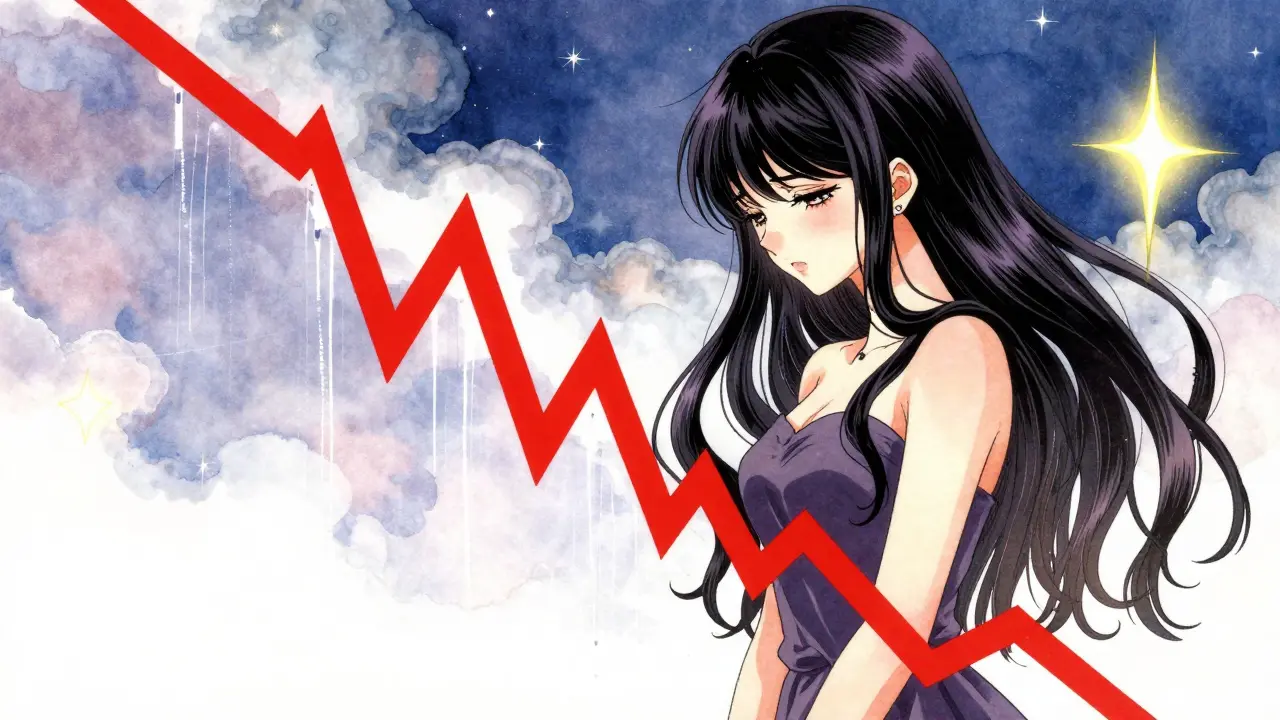 Emotional anime scene with a plummeting red graph and falling cherry blossoms