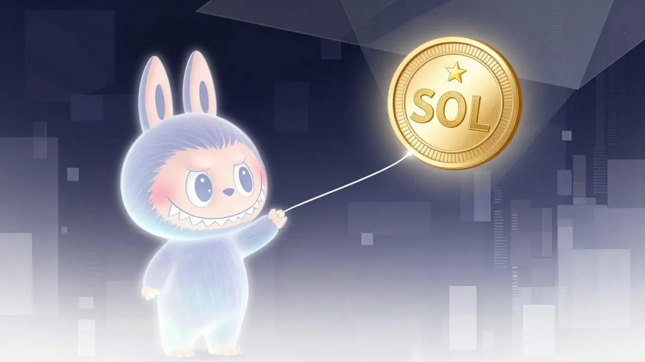 Fading holographic Labubu holding a thread to a spotlight, symbolizing uncertain future in manga style.