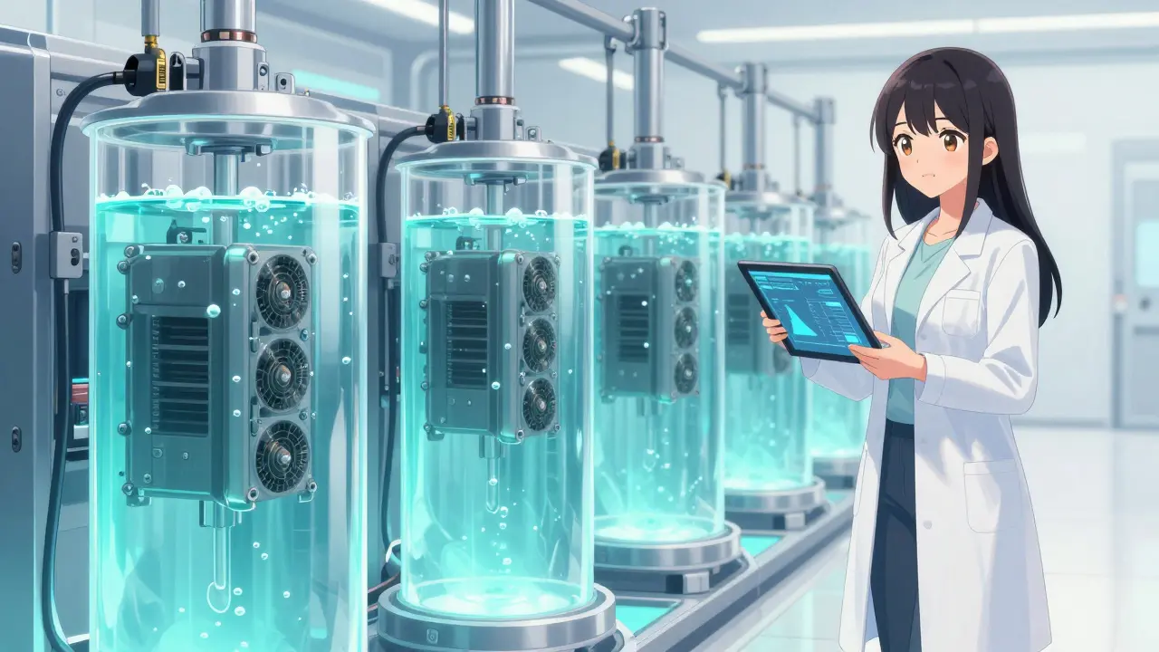 Female engineer monitoring sustainable immersion-cooled ASIC miners in a futuristic server room.