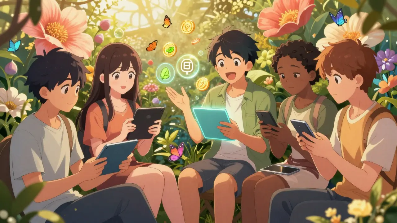Friends discussing crypto staking in a magical flower garden