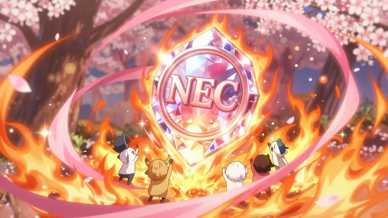 Glowing NEC token with burning flame effects