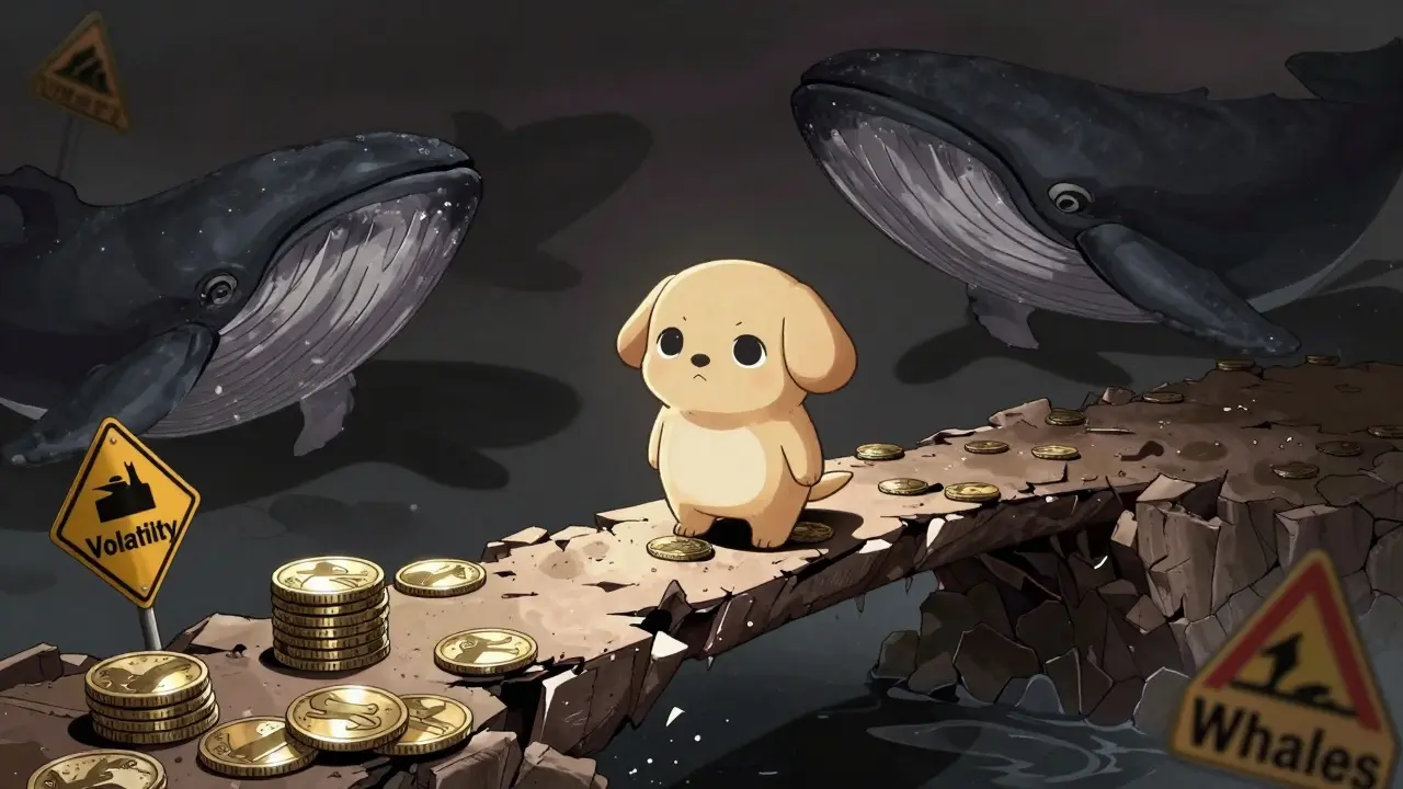Labubu figure on a crumbling coin bridge with shadowy whale silhouettes in dramatic shoujo art.