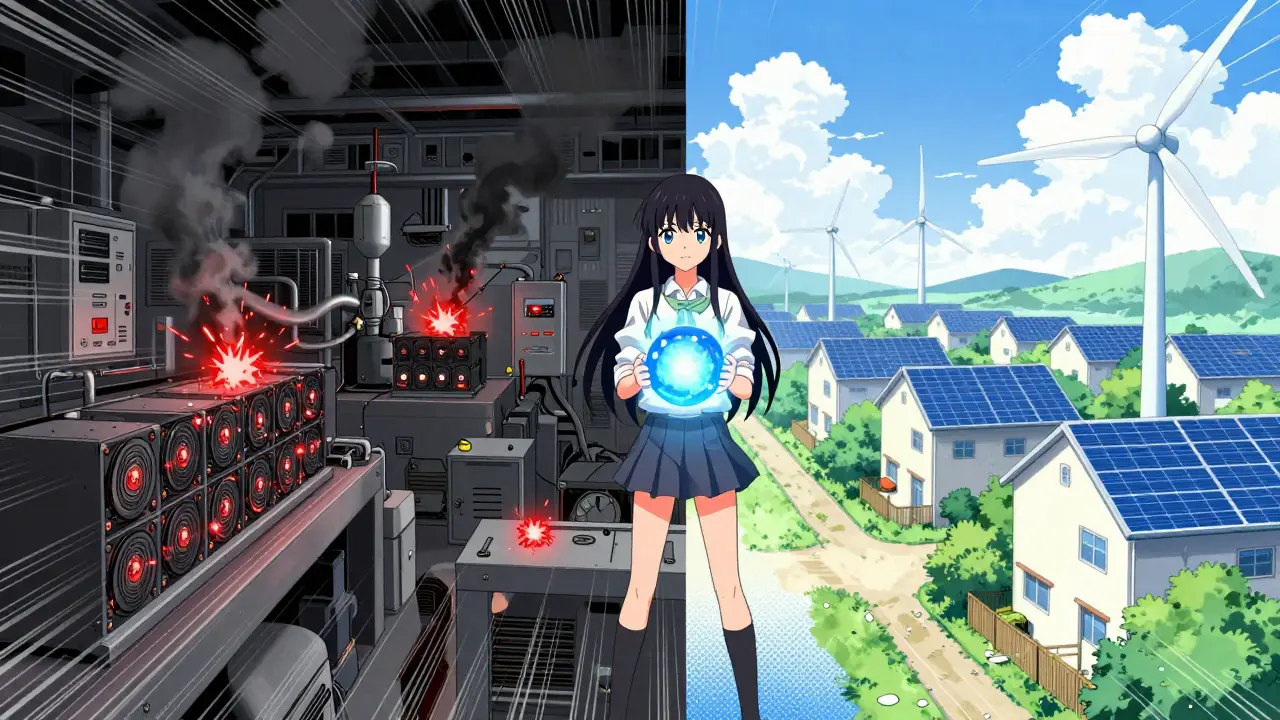 Manga art contrasting dirty mining factories with clean green homes
