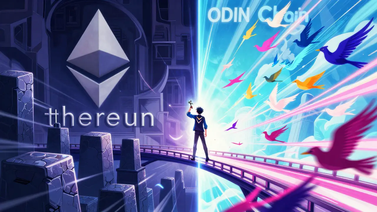 Manga art of migrating from Ethereum to ODIN Chain via a light bridge