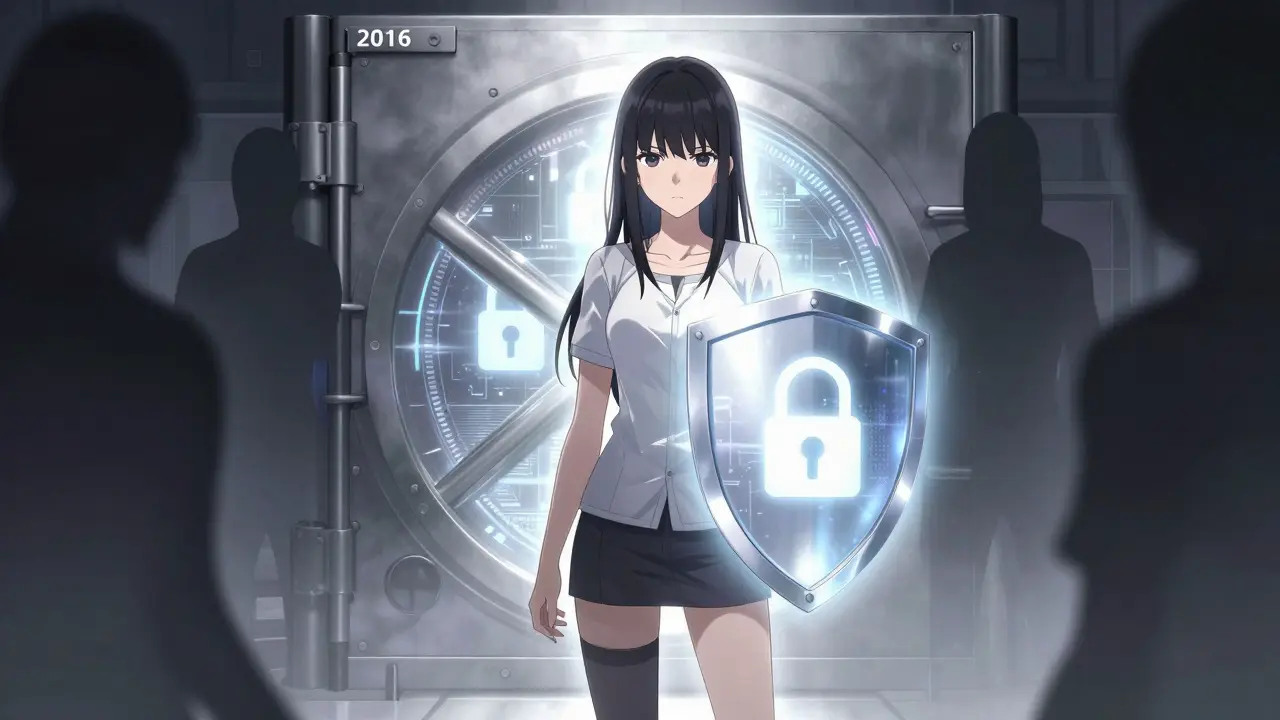 Manga character guarding a digital vault against shadowy hackers