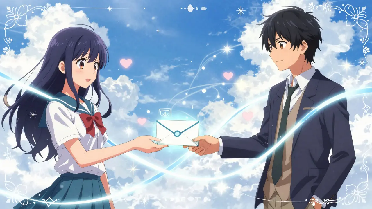 Manga characters exchanging glowing envelopes via light bridge in sky