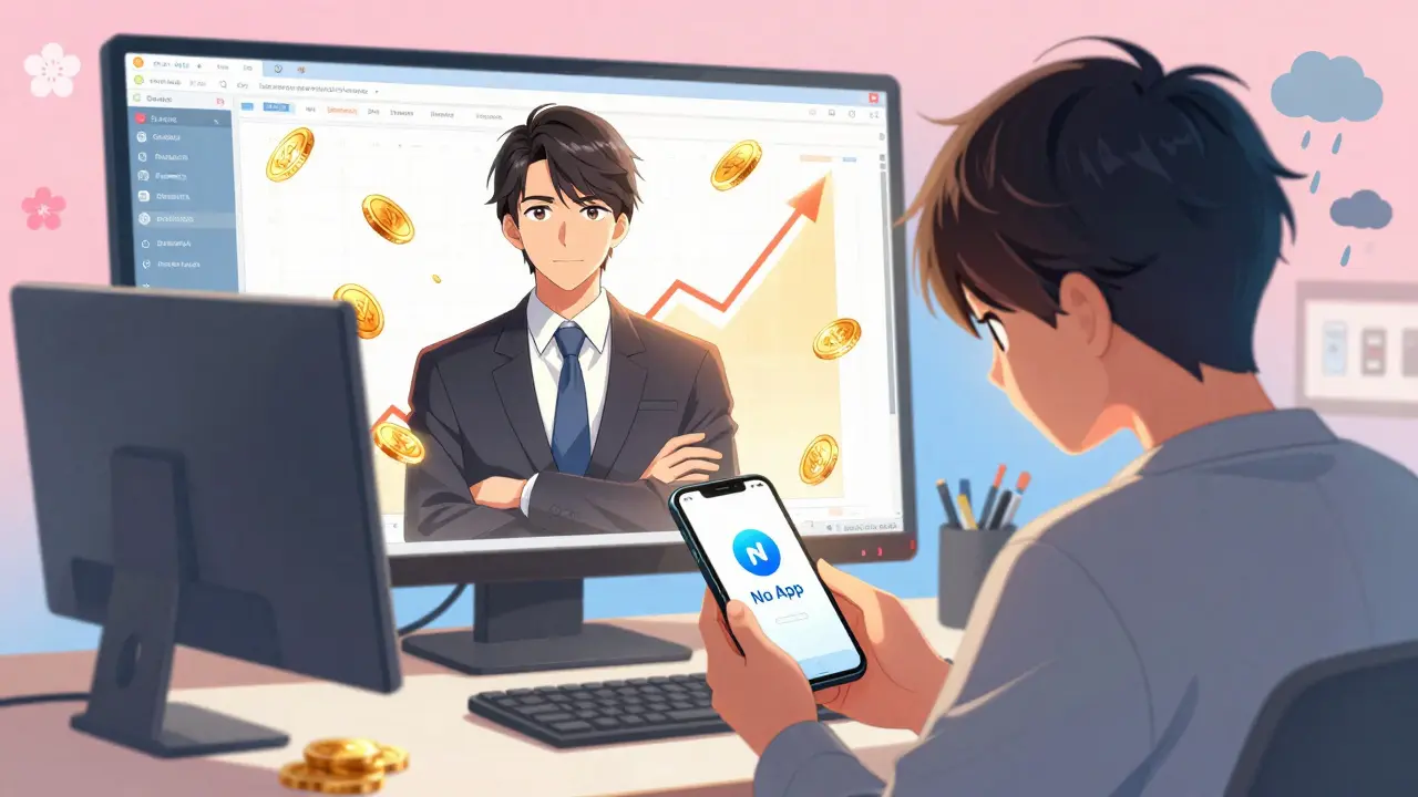 Manga contrast between pro desktop trader and frustrated mobile user
