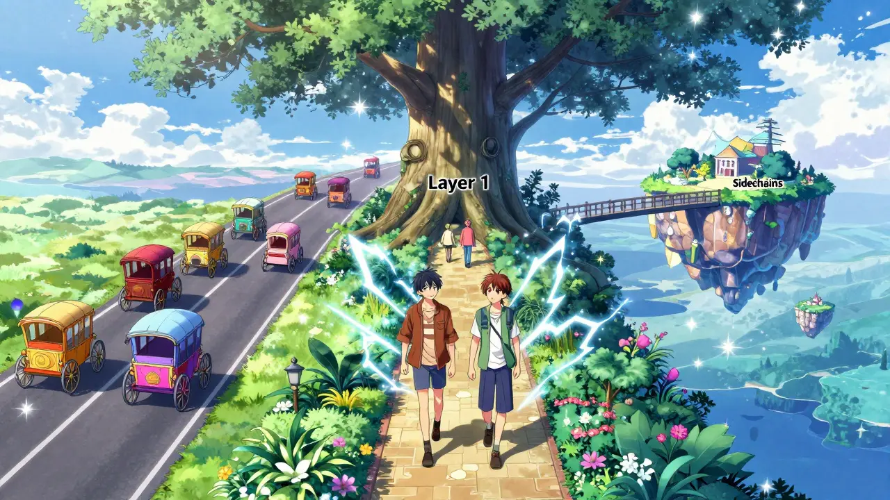 Manga illustration showing three types of blockchain paths