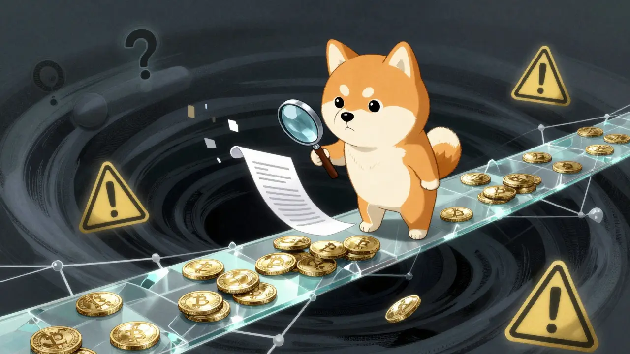 Manga Shiba Inu on a fragile glass bridge over an abyss, checking a dissolving contract.