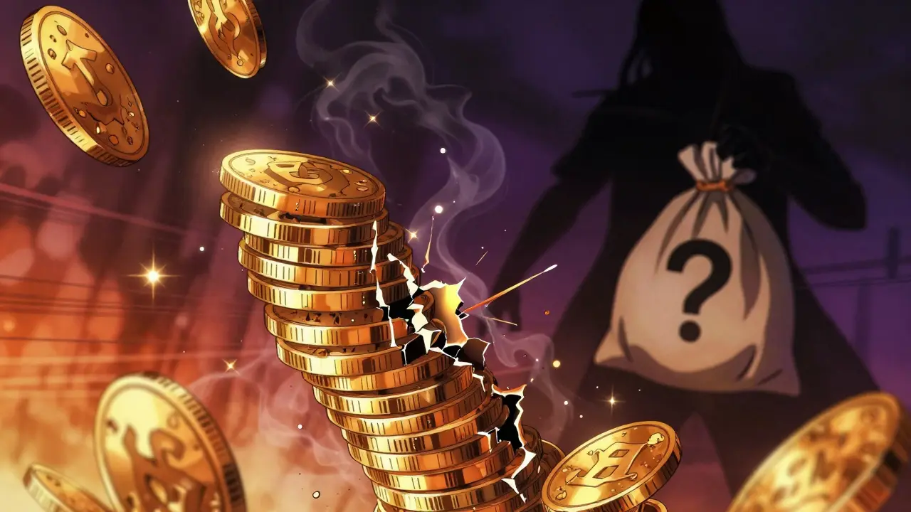 Manga style coins crumbling, symbolizing tokenomics risks