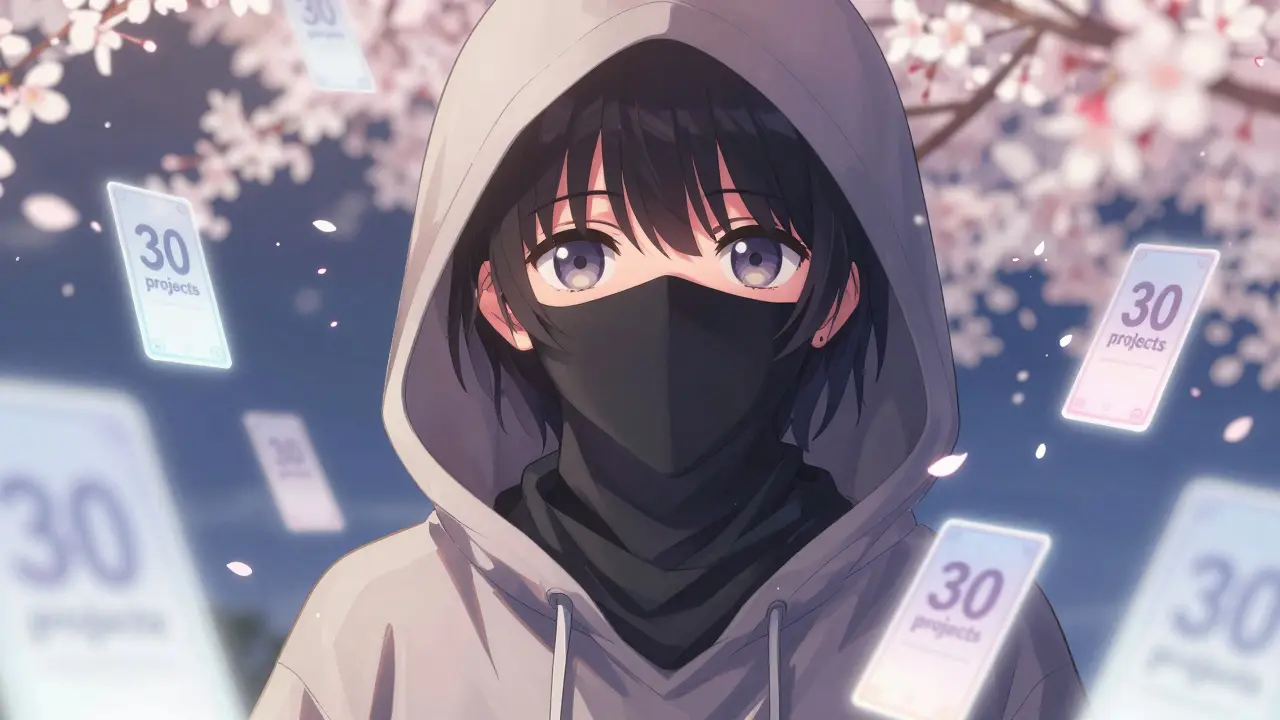 Mysterious hooded anime figure surrounded by vague, floating holographic project cards