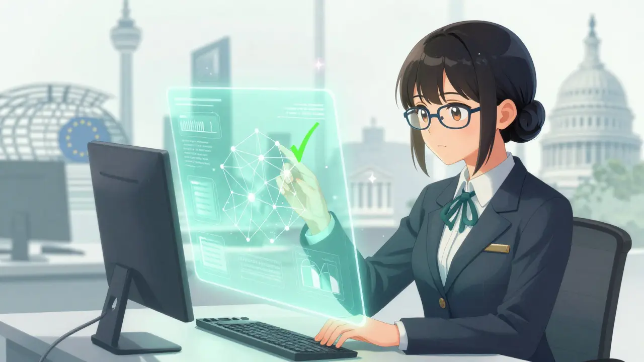 Professional anime woman analyzing holographic compliance data at desk