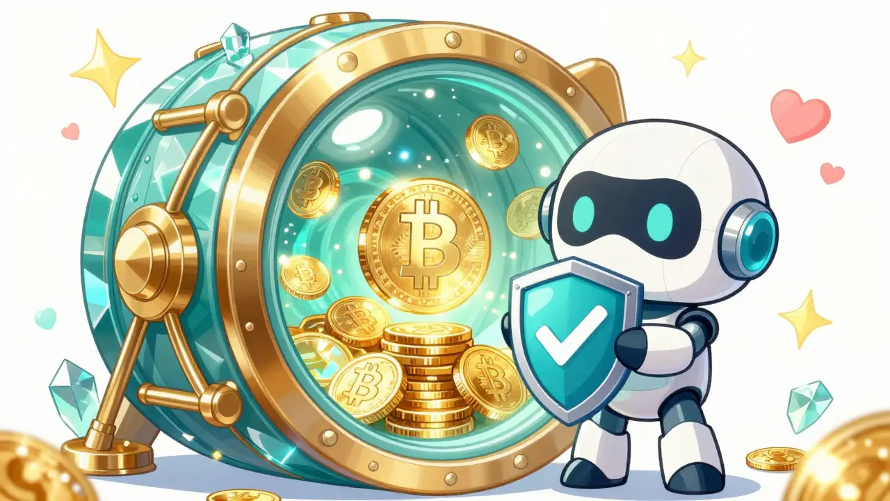 Secure crystal vault with robot guard protecting safe cryptocurrencies