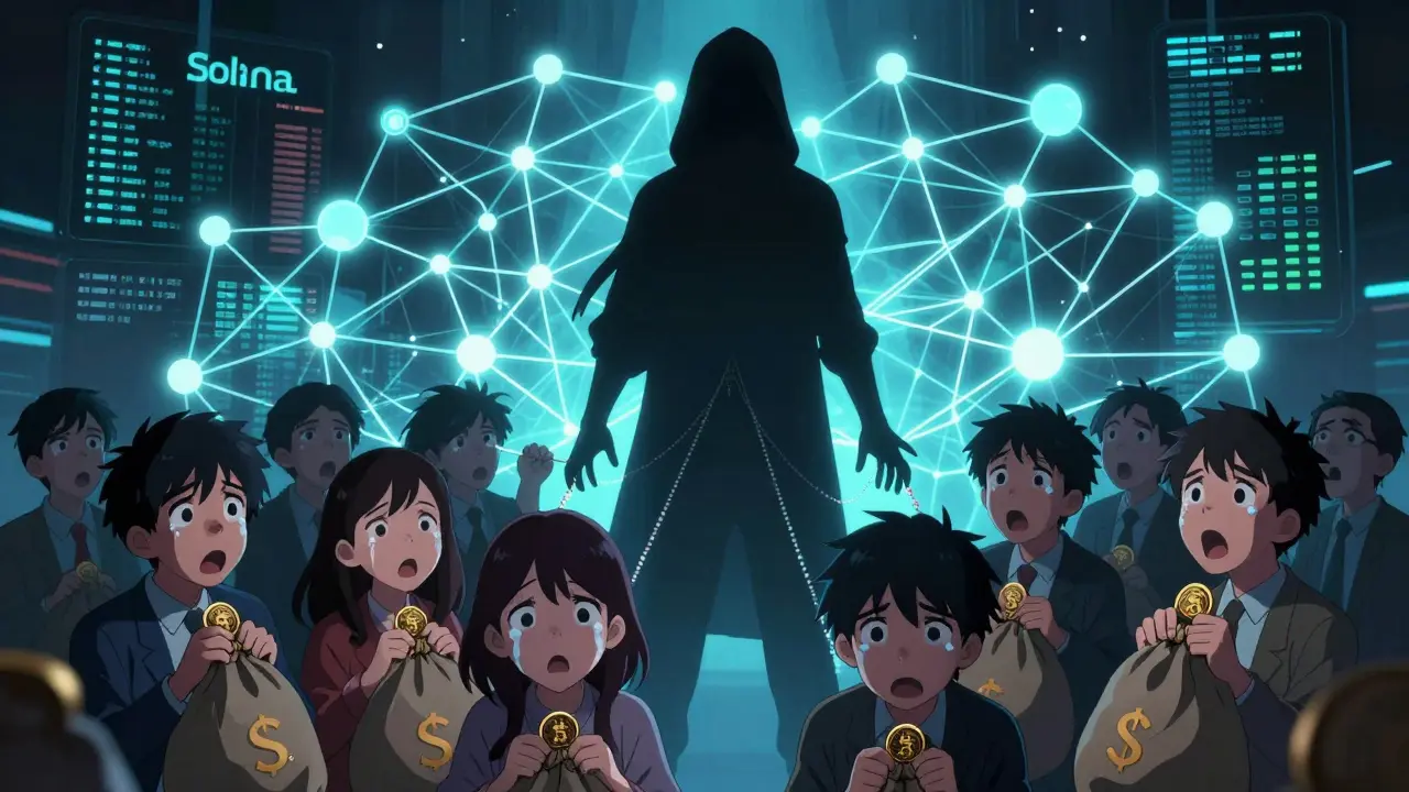 Shadowy figure pulling a rug from investors in dramatic shoujo manga art