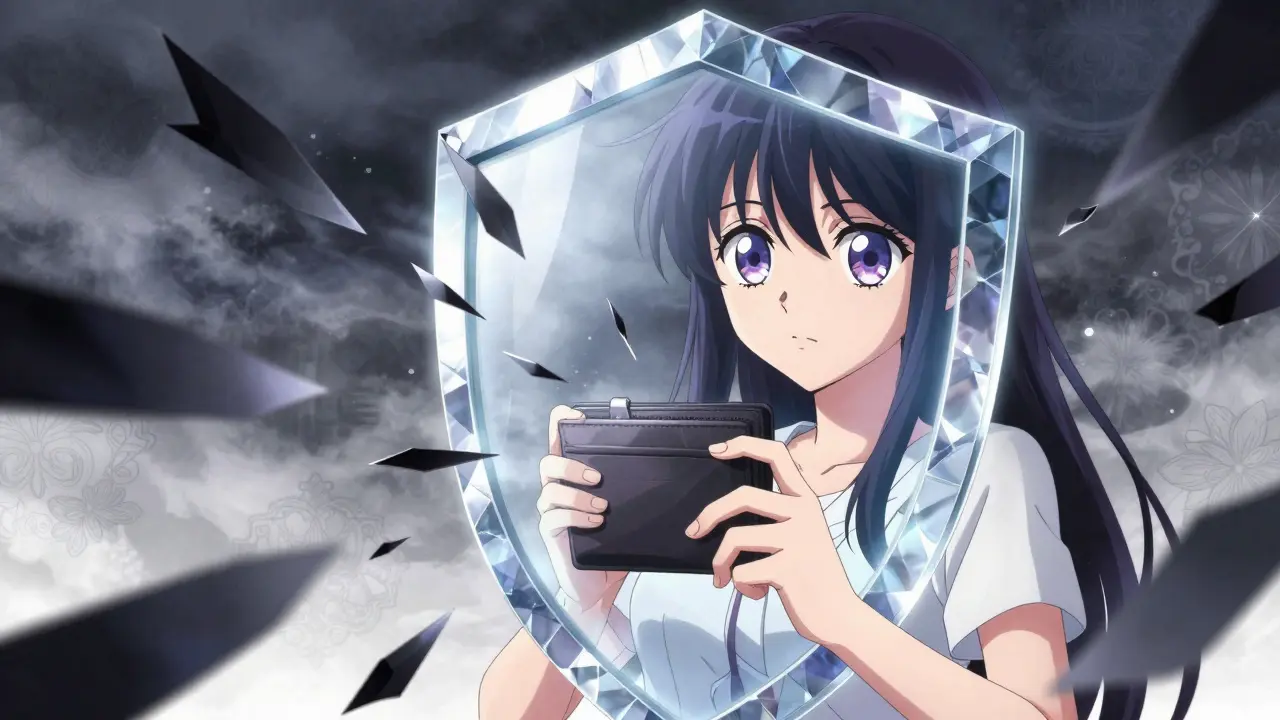 Shoujo character protected by shield against crypto risks
