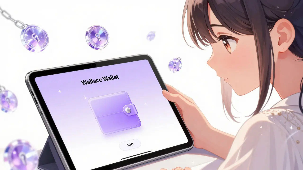 Shoujo style character checking Wallace Wallet app with crypto tokens