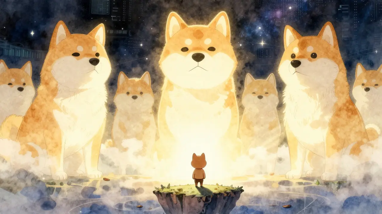 Small Wojak vs giant Doge and Shiba statues in manga art
