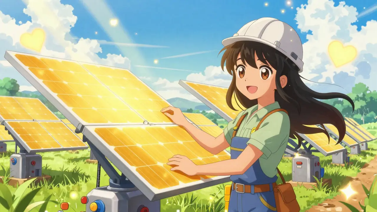 Solar-powered mining farm in Nigeria with cheerful engineer, shoujo art