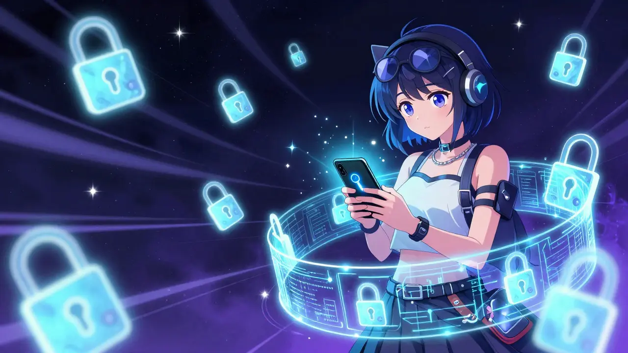 Tech user navigating DeFi and VPN barriers in anime style