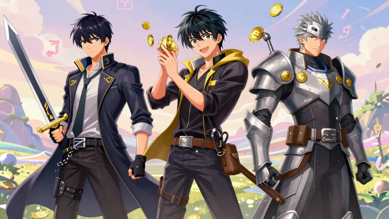 Three anime traders representing different crypto exchange styles