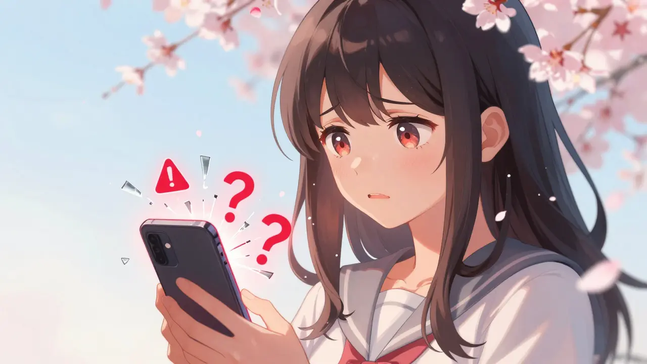 Woman looking at phone with red warning signs for unsafe platforms