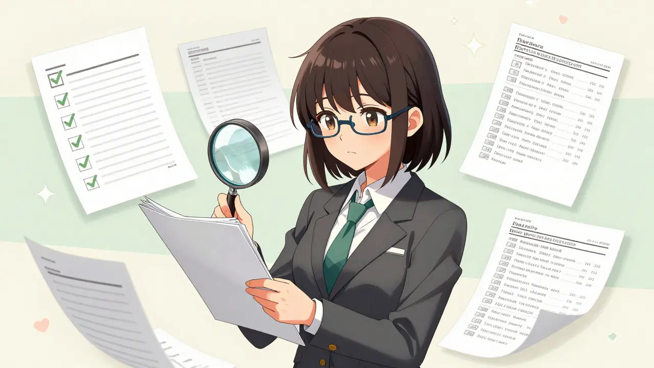 Accountant organizing records with magnifying glass