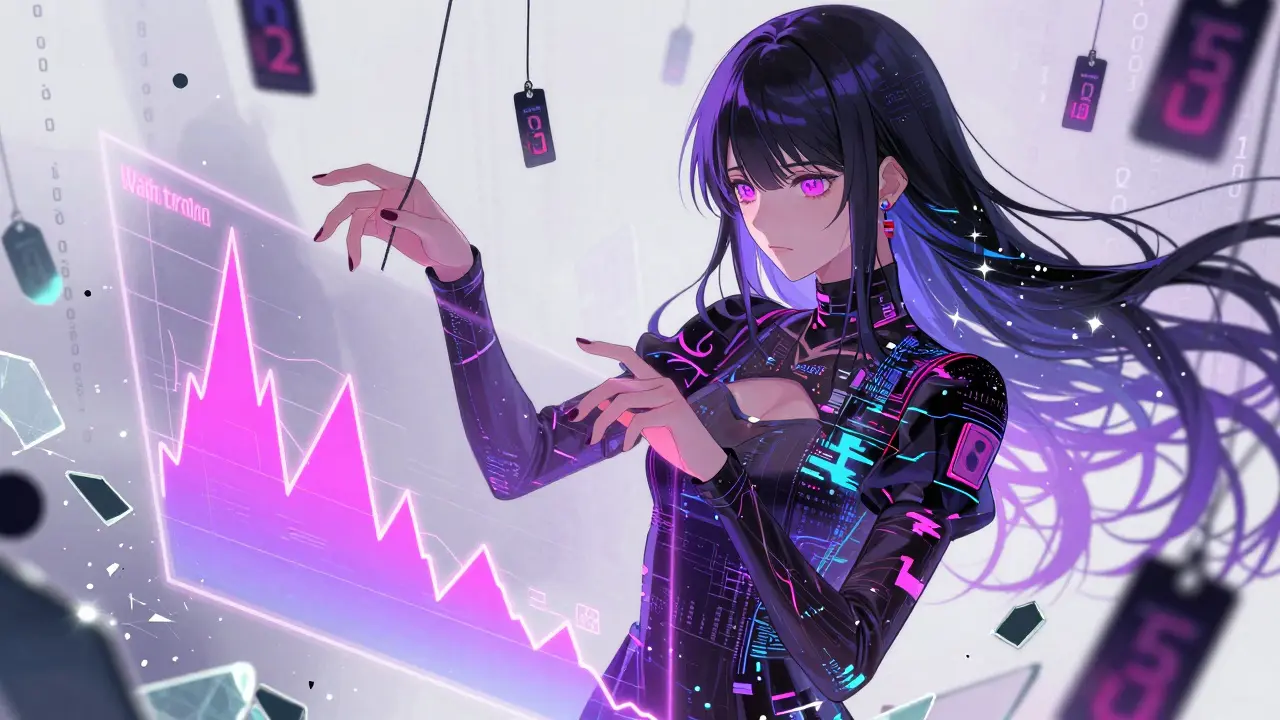 Anime character manipulating fake trading charts in digital void