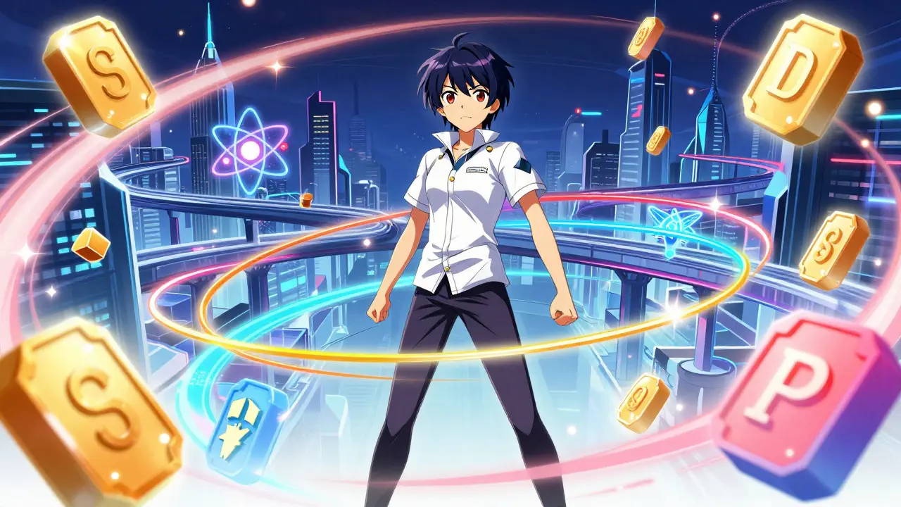 Anime character navigating fast DeFi swaps in a futuristic city