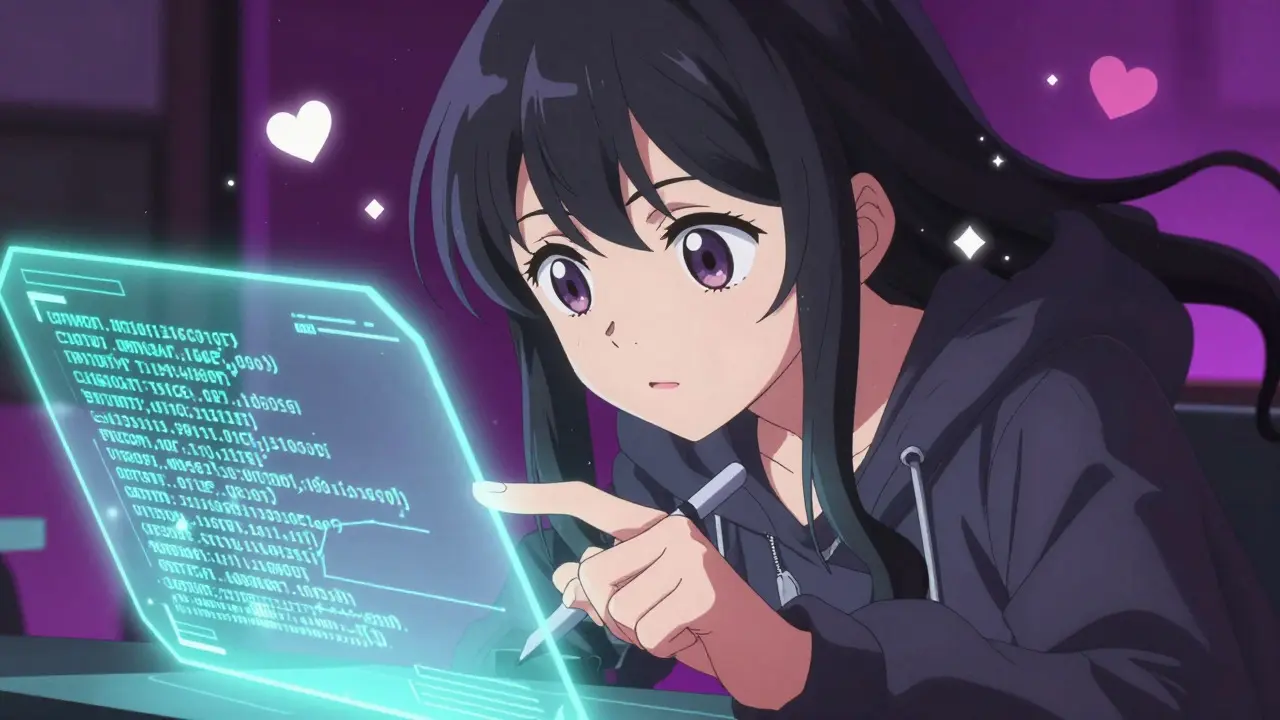 Anime girl analyzing blockchain code on a holographic screen with sparkles and magic effects.
