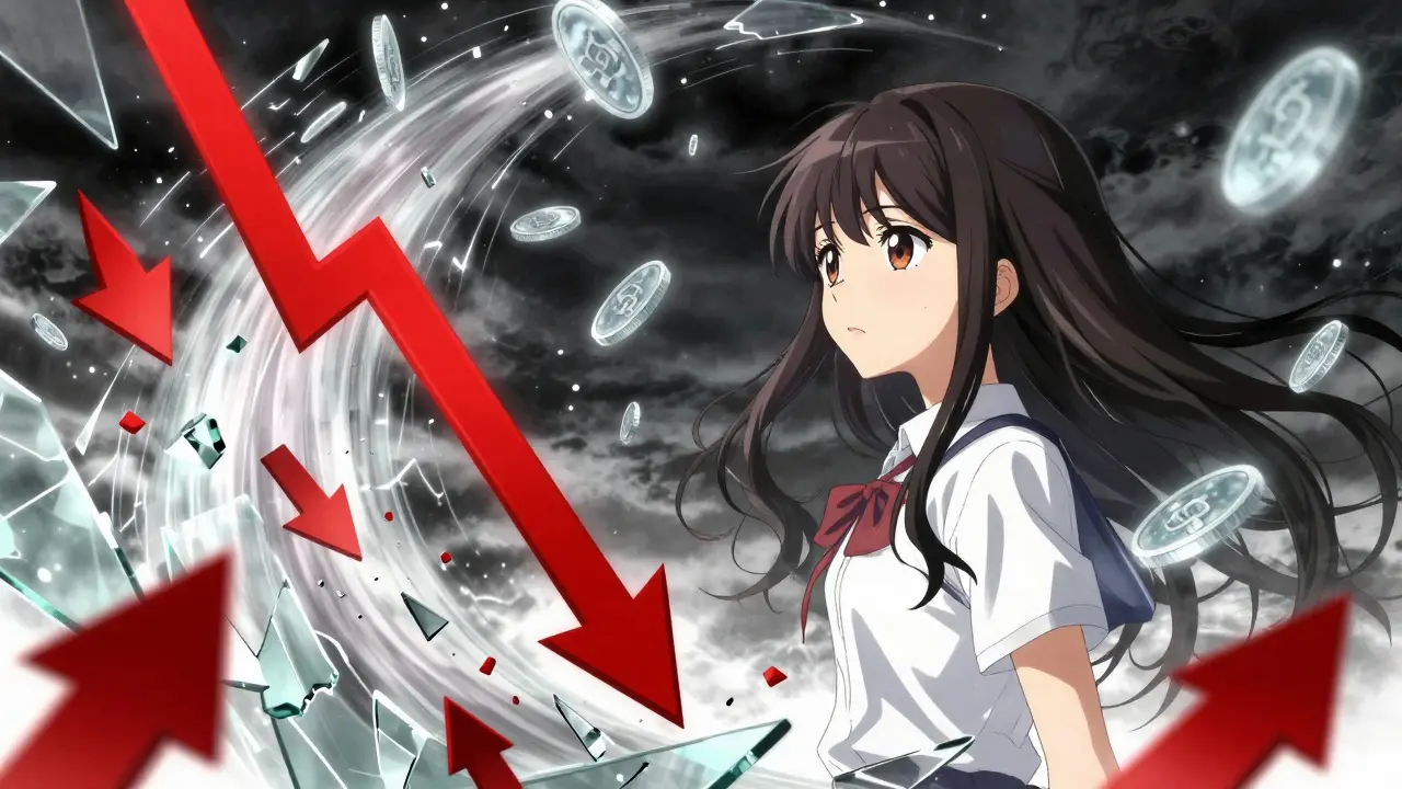 Anime girl facing chaotic red arrows symbolizing crypto volatility