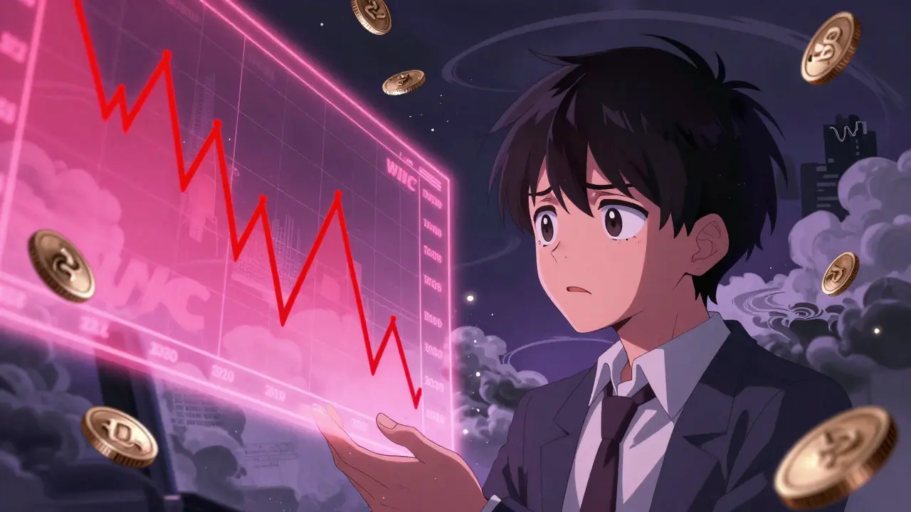 Anime girl looking at crashing crypto chart with anxiety