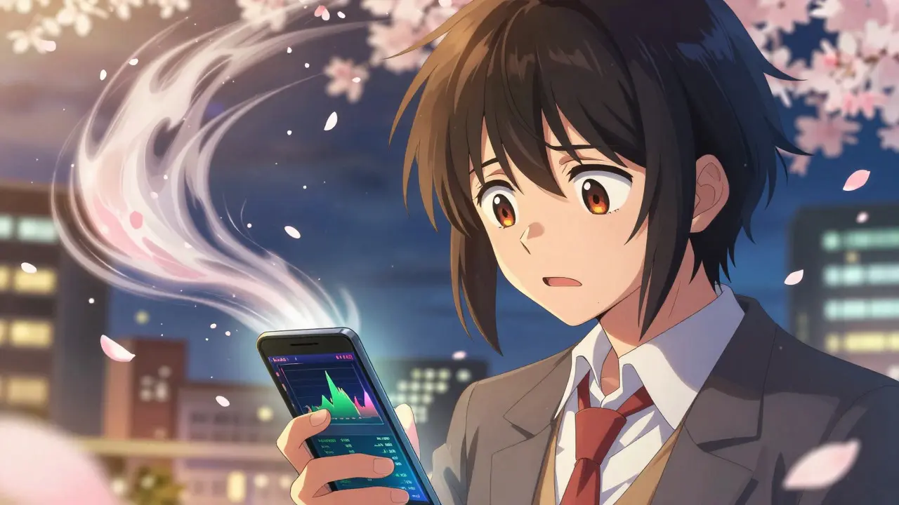 Anime girl looking worried at phone amidst falling petals and wind
