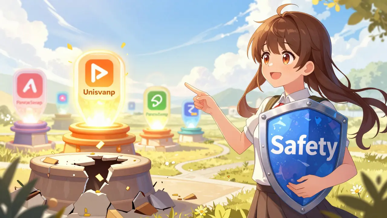 Anime girl smiling near safe crypto alternatives while leaving a crumbling old platform