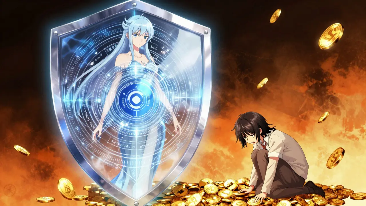Anime guardian blocking access to coins with a high-tech security shield.