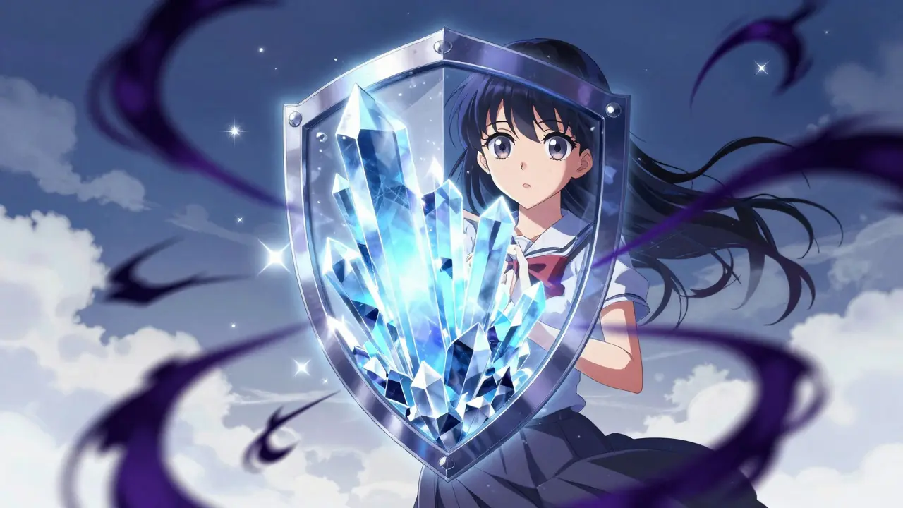 Anime heroine protected by crystal shield against shadows, representing EdDSA deterministic security.