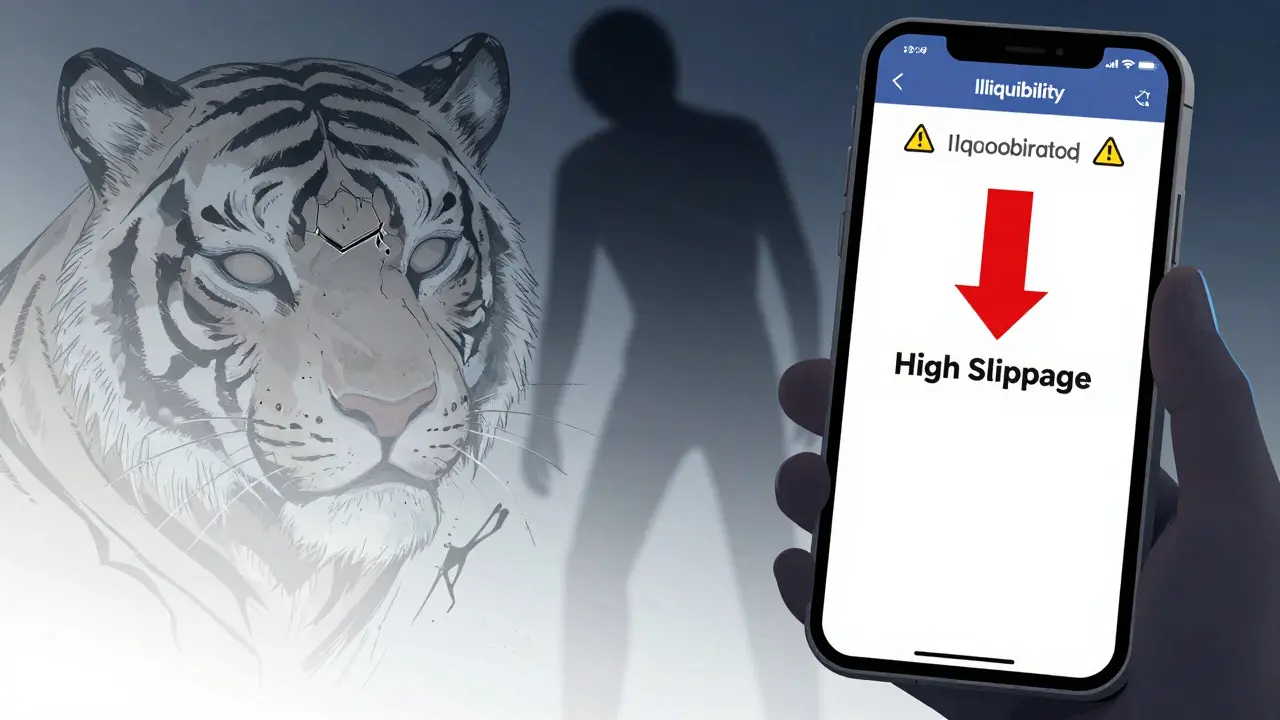 Anime investor trapped by illiquidity and red charts on a phone screen.