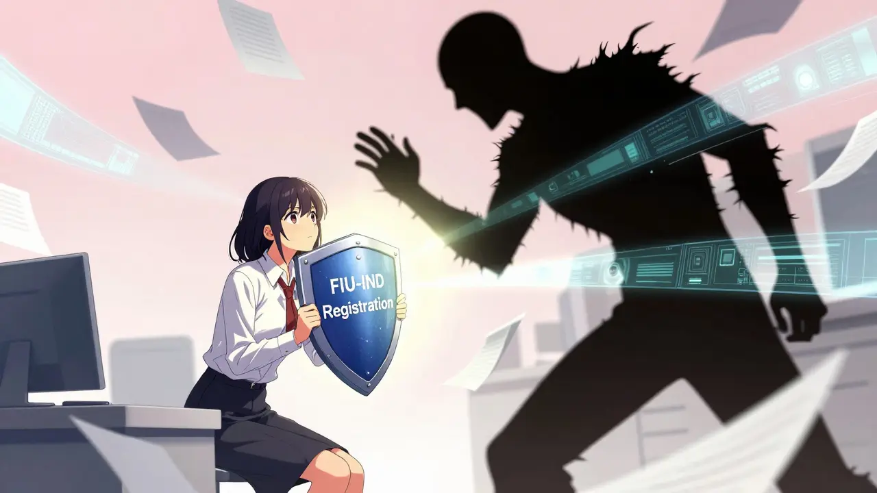 Bank clerk defends against shadows with a glowing compliance shield in manga art