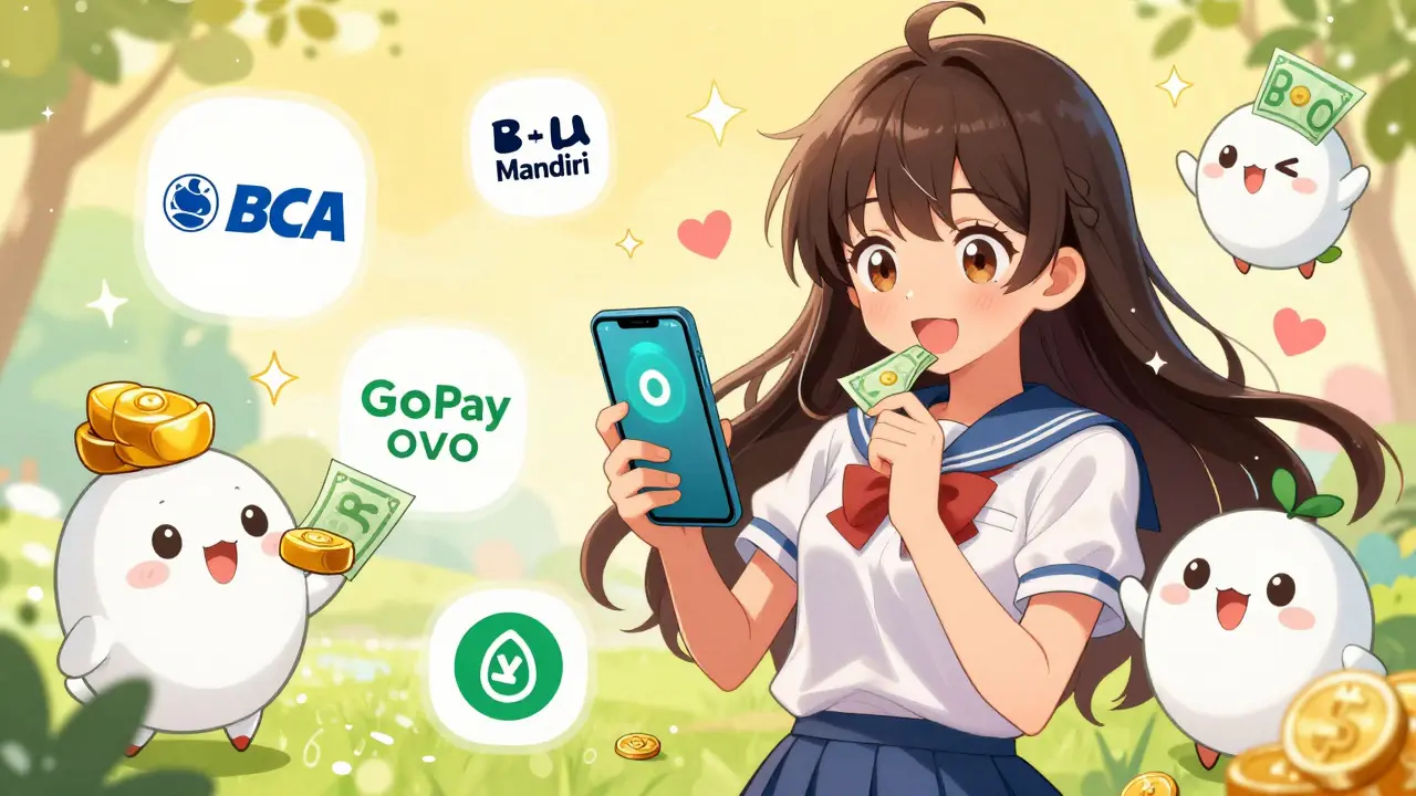 Cheerful anime girl easily depositing funds via local bank mascots.