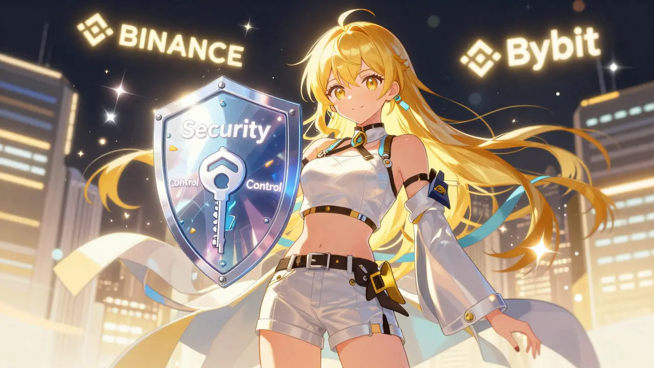 Confident anime girl holding security shield amidst bright exchange logos