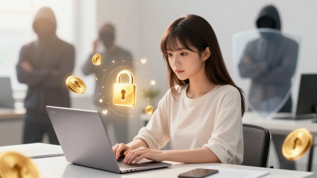Confident anime woman safely trading crypto on a verified exchange