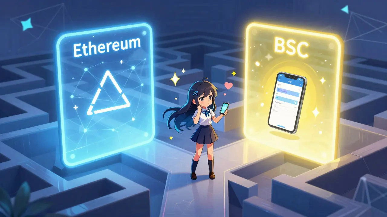 Cute anime character confused by switching crypto networks.