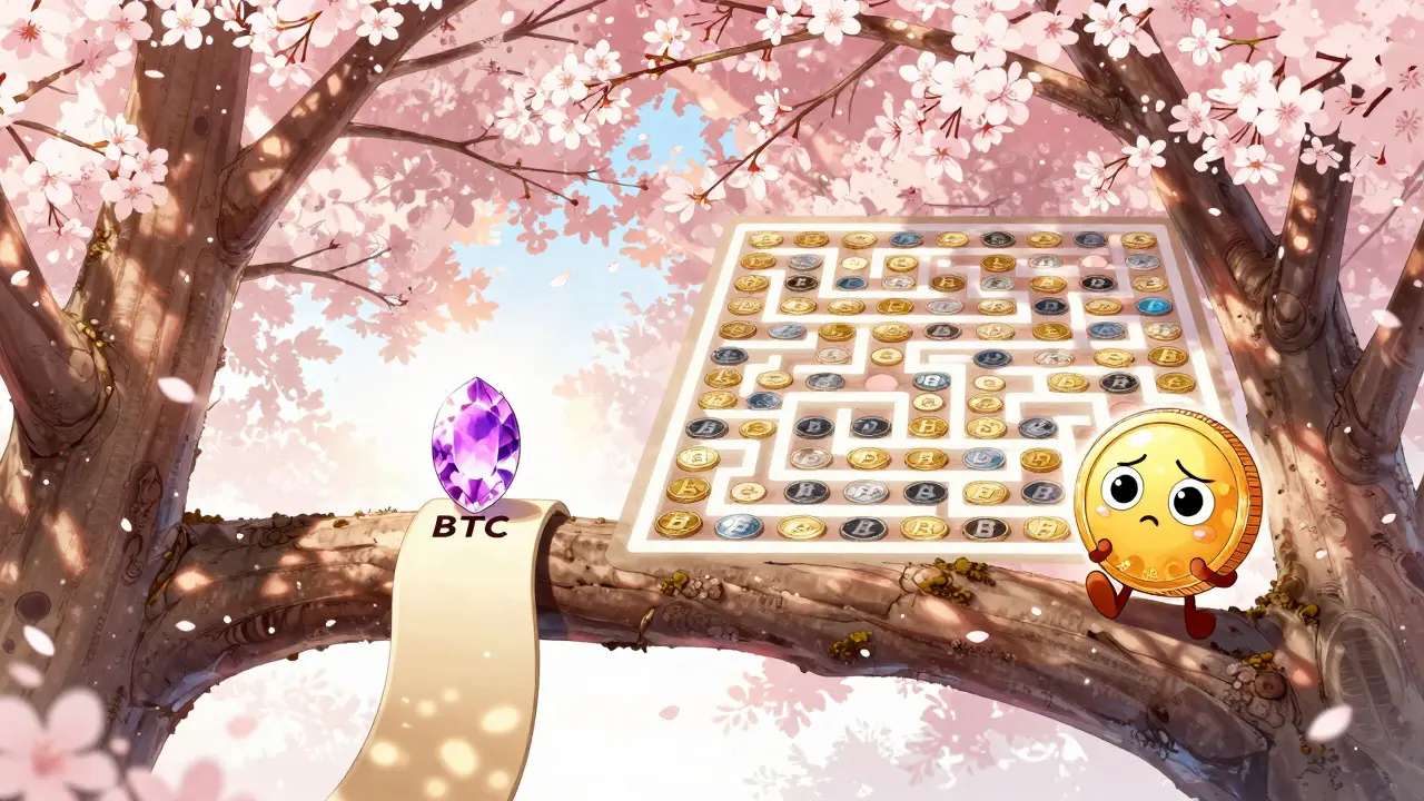Cute coin character choosing simple path over complex maze under cherry blossoms