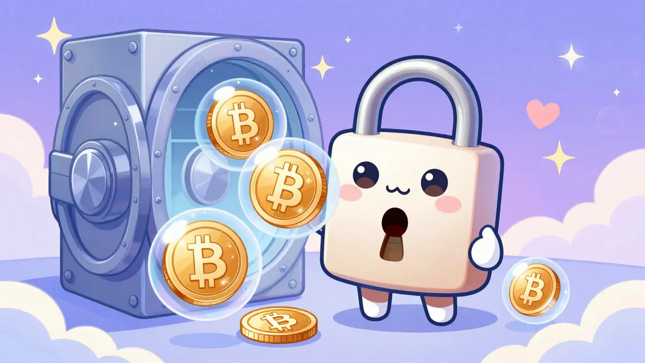 Cute lock character guarding floating crypto coins in clouds