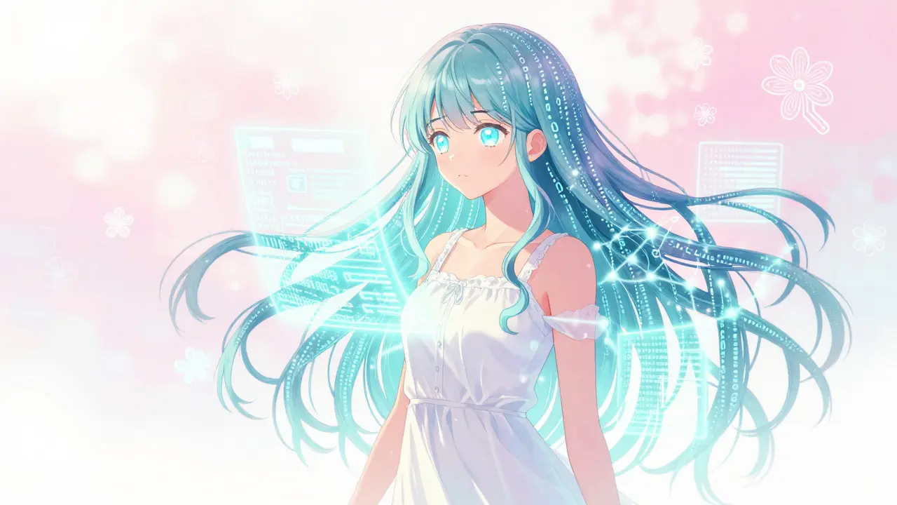 Ethereal AI anime character analyzing data streams